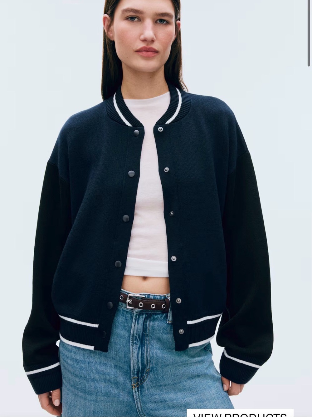 H&M Navy and White Varsity Knitted Bomber Jacket, Size M, NWT